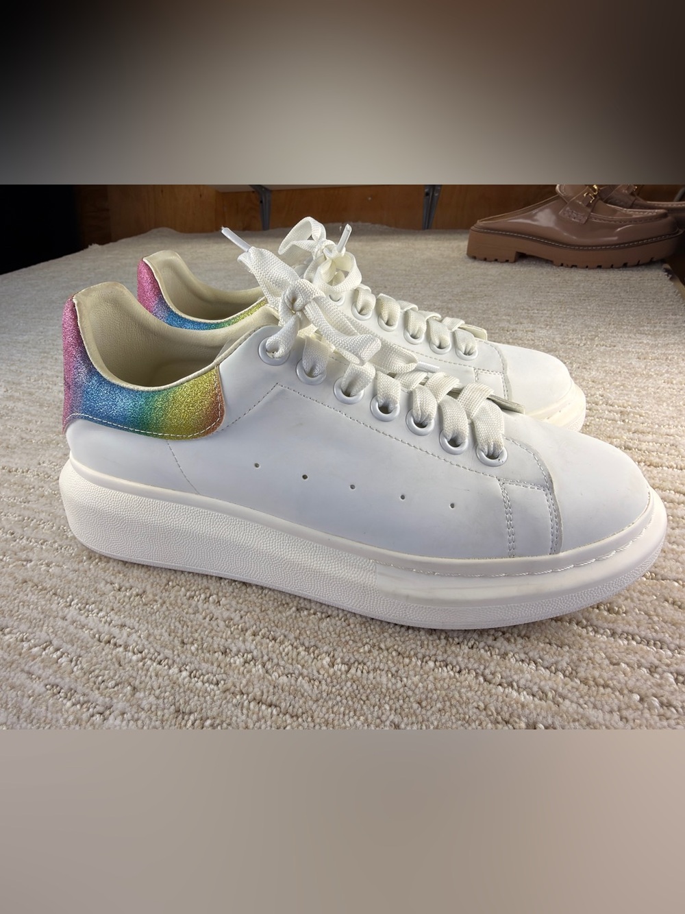 Alexander McQueen White Oversized Sneakers With Rainbow Glitter Heels